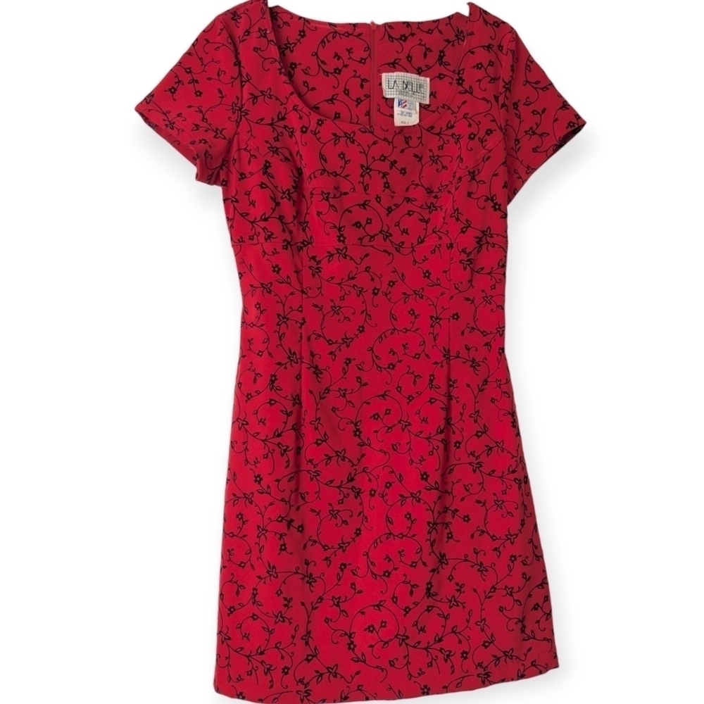 Vintage 90s Cherry Red Mini Dress Velvet Floral Detail Short Sleeves